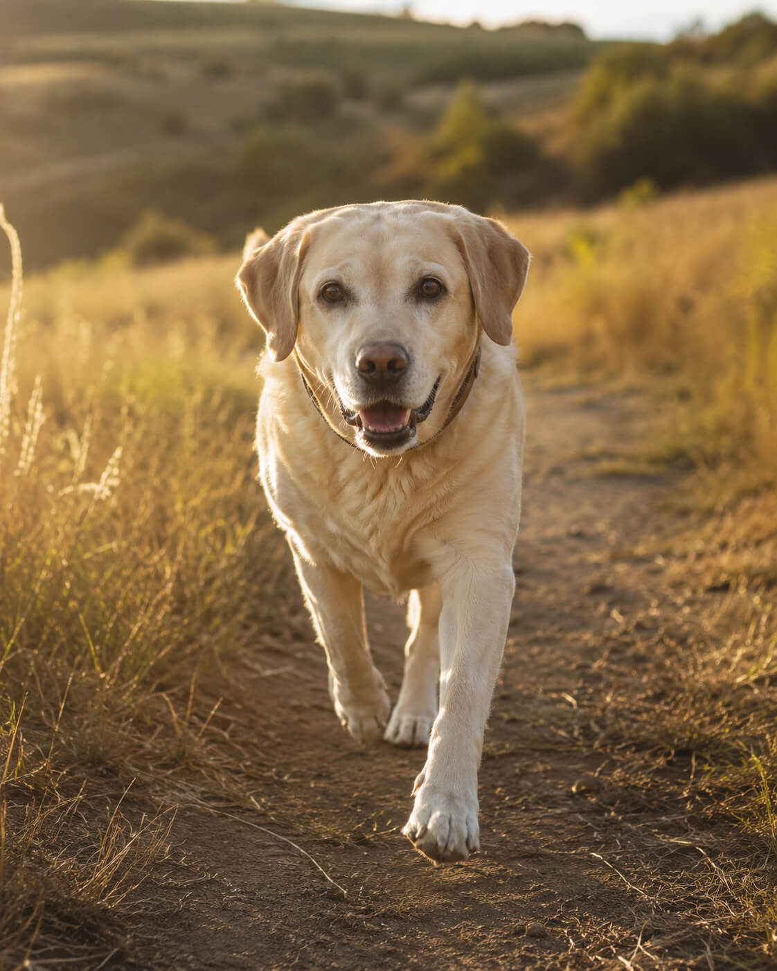 A large-breed adult dog moving at a trot along a trail in golden evening light.