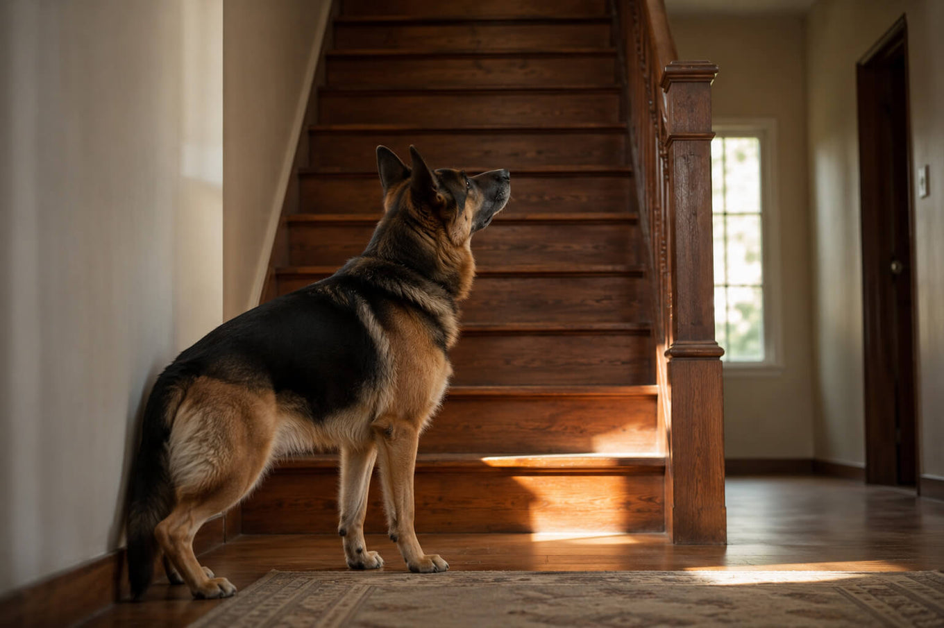 A large-breed dog standing at the foot of a staircase, looking upward.