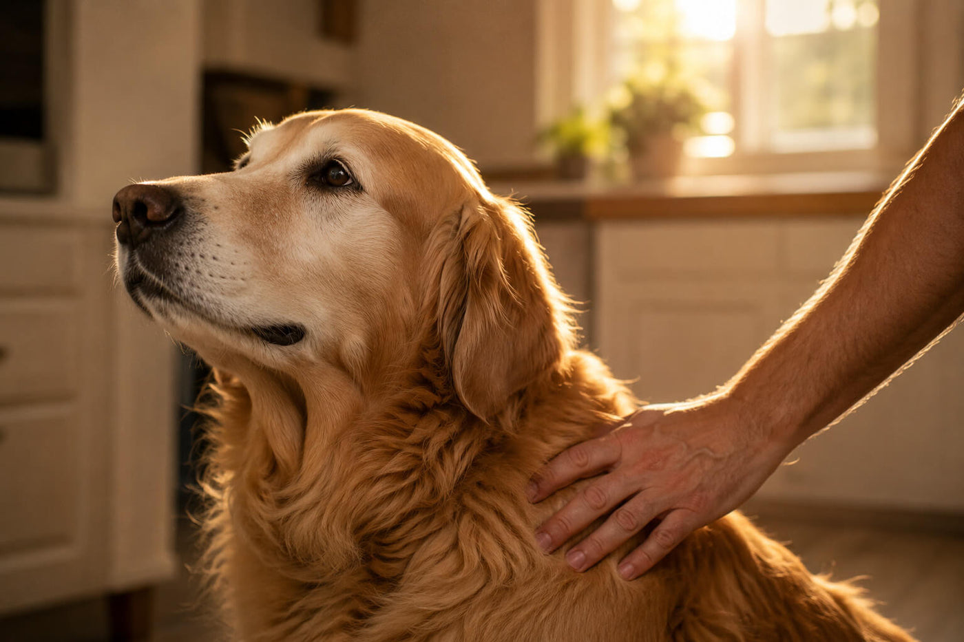 An owner's hand resting on the shoulder of a large-breed adult dog in warm natural light.